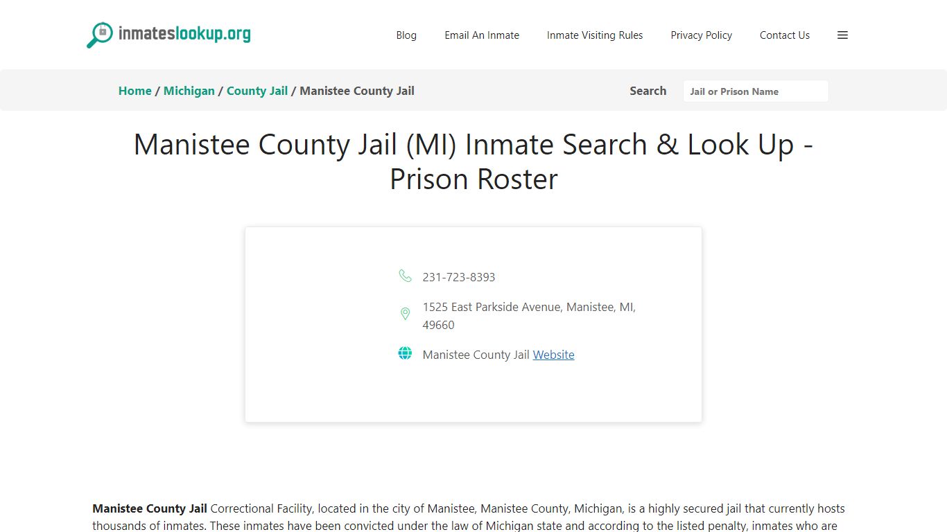 Manistee County Jail (MI) Inmate Search & Look Up - Prison Roster